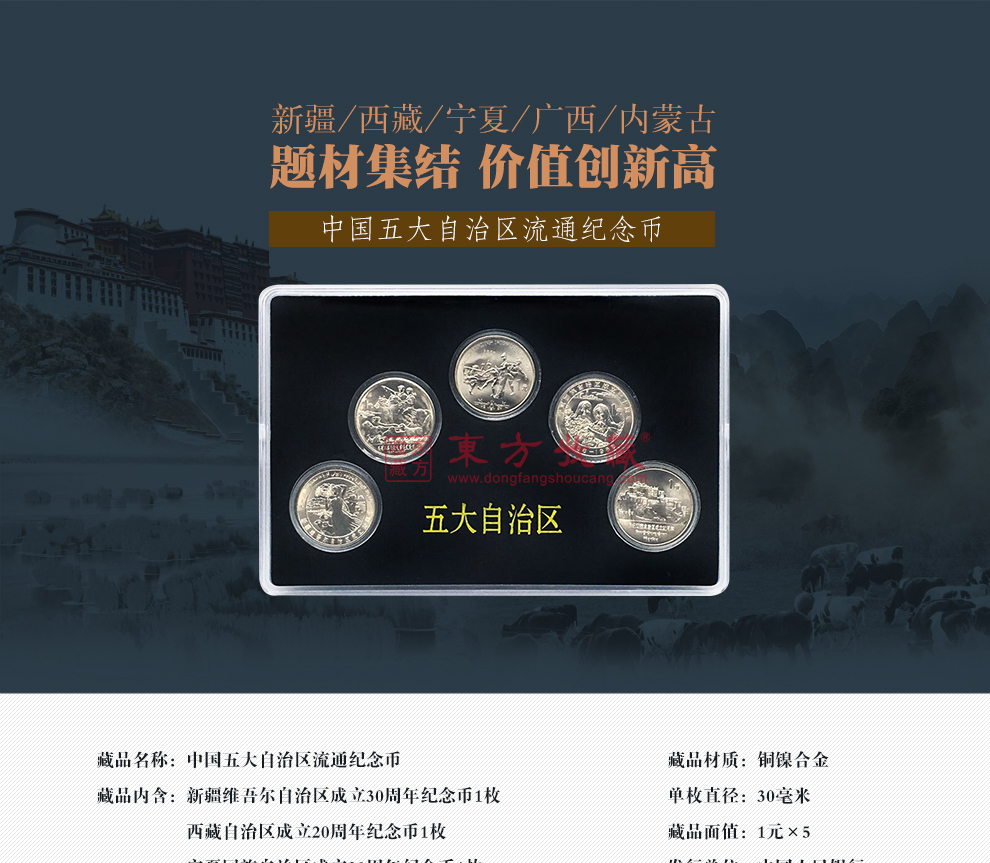 中国五大自治区纪念币全套5枚1元面值亚克力盒装_纪念币|金银币|贵金属_东方收藏官网—您身边的收藏投资专家