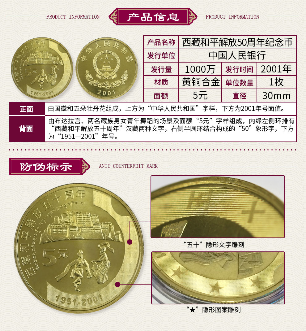 2001年西藏和平解放50周年纪念币单枚_各类题材纪念币_普通纪念币_纪念币|金银币|贵金属_东方收藏官网—您身边的收藏投资专家